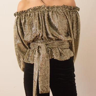 1970s Anna Konya Gold Dotted Lurex Peasant Top With Long Sash 