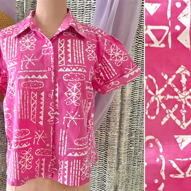 Vintage Button Down Top, Tiki Artsy Print, Blouse, Camp Shirt, Bright Pink and White 
