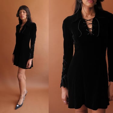 Vintage 90s Lace Up Black Silk Velvet Mini Dress/ Size Small 