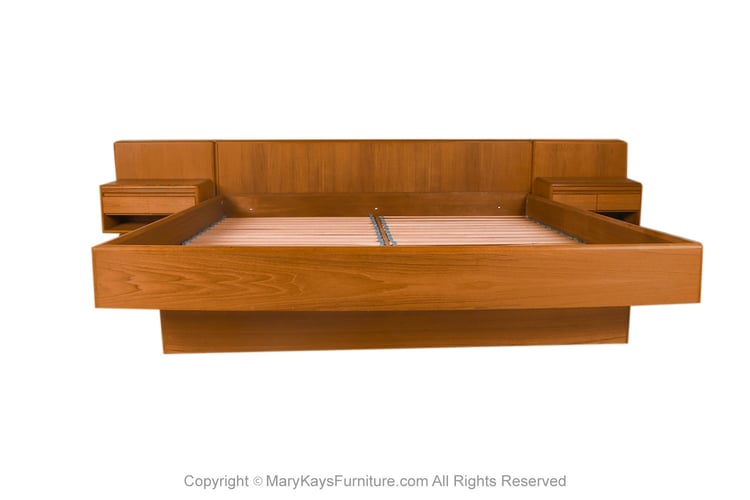 Danish Modern Teak King Platform Bed with Floating Nightstands 