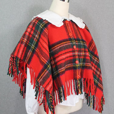 1960s Kayso Red Plaid Poncho || Tartan Christmas Cape || Wool Wrap || Size Small/Medium 