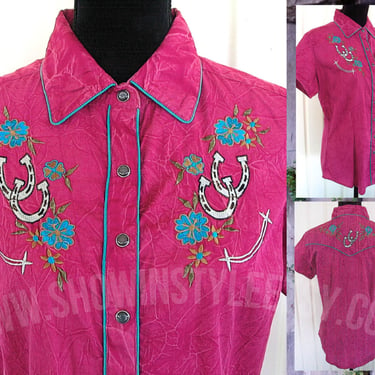Pink Cattlelac Vintage Retro Western Women's Cowgirl Shirt, Rodeo Blouse, Pink with Horse Shoes and Flowers, Tag Size Med (see meas. photo) 