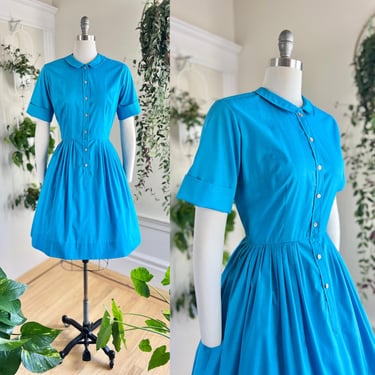 Vintage 1950s 1960s Shirt Dress | 50s 60s Blue Cotton Blend Short Sleeve Button Up Fit Flare Full Skirt Shirtwaist Day Dress (medium) 