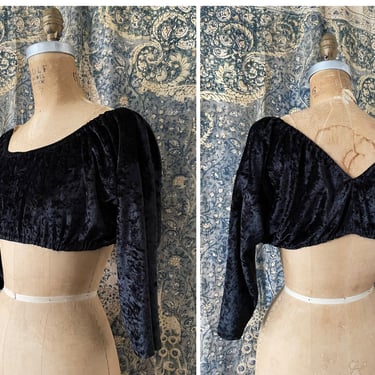 Vintage ‘80s ‘90s crushed velvet crop top | black, off the shoulder, grunge era, goth, S/M 