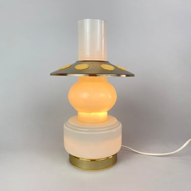 Mid-century Opal Glass & Brass Plated Table Lamp, 1960's / Vintage Opaline Glass Table Lamp 