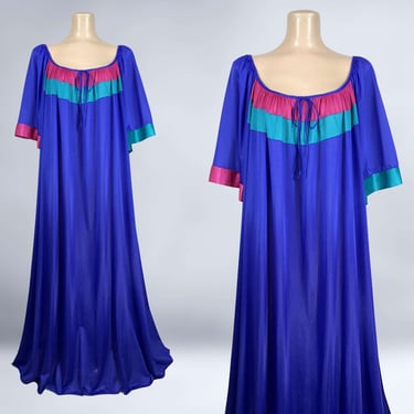 VINTAGE 80s Royal Purple Colorblock Nightgown Kaftan by Ventura Size 1X | 1980s Plus Size Nylon Caftan Lounge Dress | VFG 