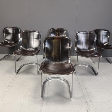 Vintage dining chairs by Willy Rizzo for cidue set of 6, 1970s - mid century modern leather dining chairs - italian dining chairs 