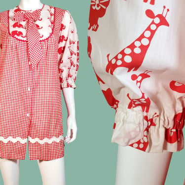 Vintage 60s house dress cute animal print circus bow tie puff sleeves red & white gingham cotton coquette mini dress (S) 