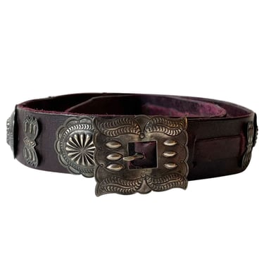 1960s Vintage American Southwest Stamped Sterling Silver and Dark Red Leather 22 Concho Belt and Buckle 