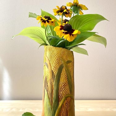 handpainted vase yellow gold green pottery studio ceramics 