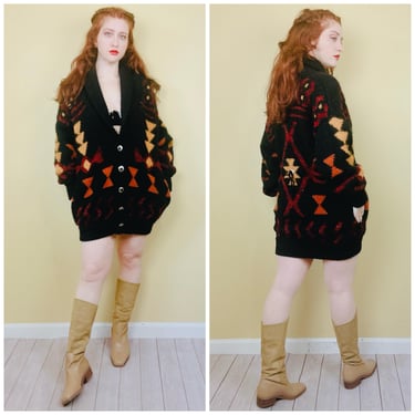 1980s Vintage Tony Lambert Southwestern Concho Boucle Sweater / 80s Black and Red Cowboy / Western Cardigan / Size Small 