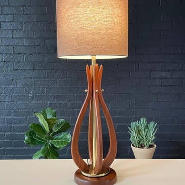 Mid-Century Modern Sculpted Walnut Table Lamp w/ Brass Accents, c.1960’s 