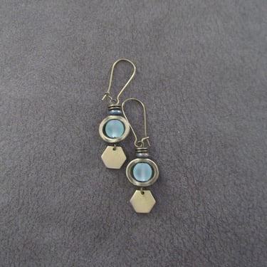 Bronze and green sea glass earrings, hexagon 