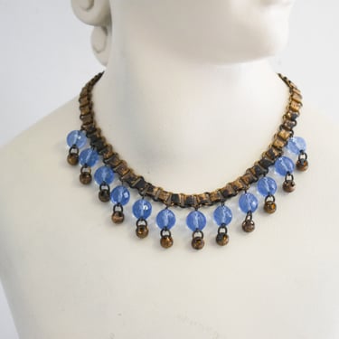 1930s Brass Book Chain and Blue Glass Bead Dangles Necklace 