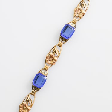 Antique Art Nouveau Czech Glass Bracelet | Vintage 1930s Blue Gem and Gold Floral Bracelet 