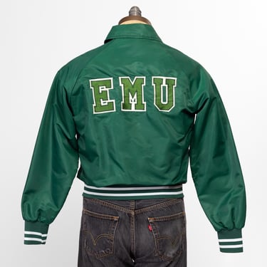 Small 80s Eastern Michigan University Green Varsity Jacket | Vintage Snap Up Windbreaker Bomber 