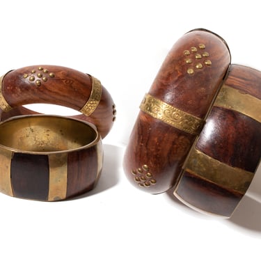 Vintage 1970s Pair of Bracelets | 70s Wood Brass Metal Big 