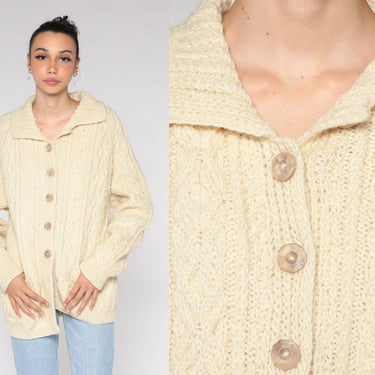 Cable Knit Cardigan 70s 80s Cream Wool Button Up Fisherman Sweater Retro Chunky Bohemian Grandpa Cableknit Pockets Vintage 1980s Large L 