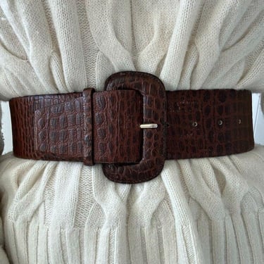 Vintage The Ritz Womens Brown Croc Embossed Leather Wide Waist Belt Sz S 