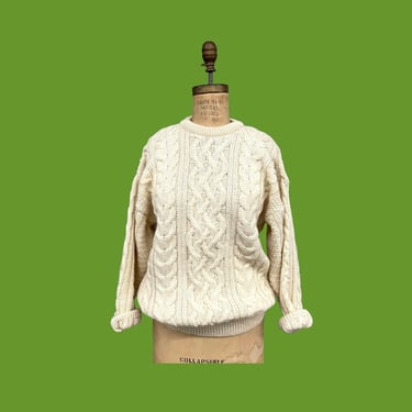 Vintage Fisherman Sweater Retro 1990s Country Scene + Hand Knit + Size Medium + 100% Wool + Cream + Ivory + Cable Knit + Unisex Apparel 