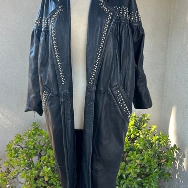 Vintage 1980s new wave black leather coat with studs rhinestones accents size Small by Domallo 