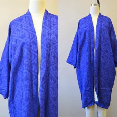 1970s Vivid Blue Silk Chinese Dragon Coat, Made in France 