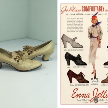 Mavis Batesford's Shopping Habits - Vintage 1930s 1940s Beige Leather Oxford Lace Up Shoes - 8/8.5 