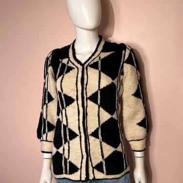 Vtg 80s Ilaria Italy abstract geometric black and white wool cardigan 