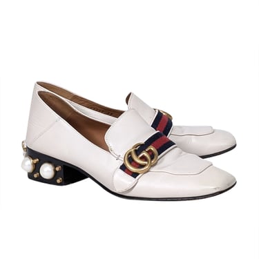 Gucci - Cream Leather w/ Logo Toe and Pearl Embellished Block Heel Sz 8