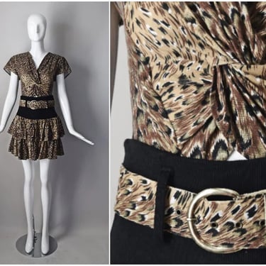 vtg 80s Beverly Hills Blues cheetah print gathered twist top and tiered ruffle tennis skirt w/ matching belt | 1980s animal print | Medium M 