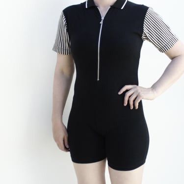 Vintage 90's Bodysuit Shorts Romper - Black with Striped Sleeves - Bodycon Knit Stretch 