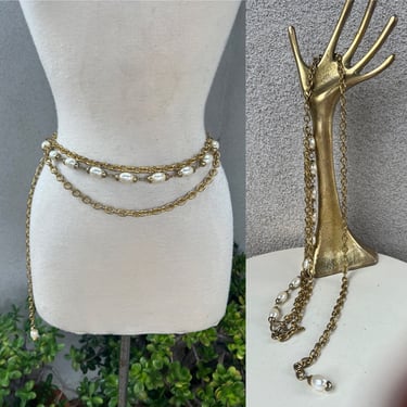 Vintage Chunky 3 Chain Belt Faux Pearl Fits 40” 