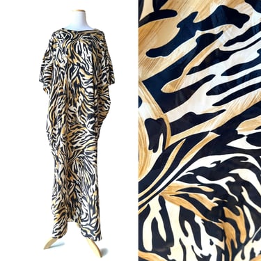 Animal Print Caftan, David Brown Kaftan, Black & Tan Maxi Dress, Ankle Length Festival Dress, Jungle Print, Tiki Room '70s Vintage Muu Muu 