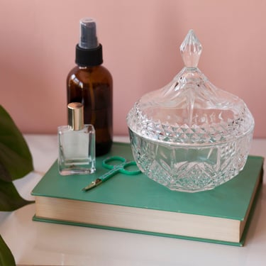 Glass Apothecary Container with Lid - Textured Crystal Fontenay by Crystal d'Arques - Bathroom Apothecary Storage - Parisian Vanity Decor 