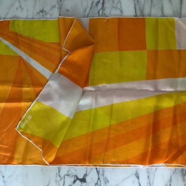 70s Vera silk vintage scarf / vintage Vera orange yellow modern abstract print hand rolled oblong  scarf made in Japan scarf 