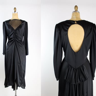 80s Draped Evening Dress / Art Deco Dress / Open back Dress / Black Goddess Dress /Tulip Hem/ Size M/L/XL 