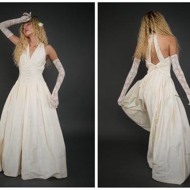 Vintage 1980s 80s Gunne Sax Jessica McClintock Ivory Raw Silk Full Length Deep V Gown w/ Mesh Crinoline // Wedding Bridal 