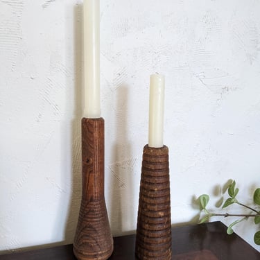 Pair of Vintage Wooden Ribbed Candle Stick Holders 