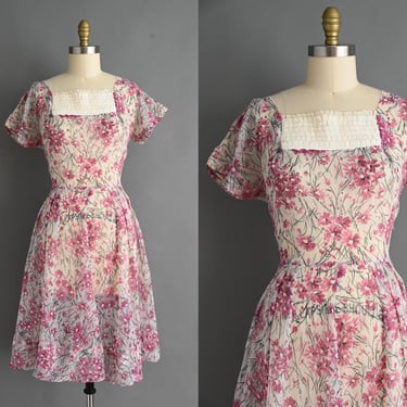 vintage 1950s Dress | Pink Purple floral Print Semi Sheer Full Skirt Dress | Large 