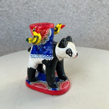 Vintage Mexican Folk art pottery colorful panda bear figurine candleholder size 4.5” x 2” x 3” 