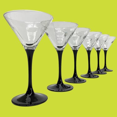 Vintage Martini Glasses Retro 1980s Contemporary + Beefeater Gin + London Guard + Clear Glass + Black Stem + Modern Barware + Bar + Drinking 