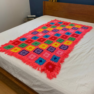 Granny Square Crochet Blanket, Retro Shabby Chic Afghan Throw, Grannycore Decor, Neon Pink Purple Green Red yellow Blue, Fringed Edge 
