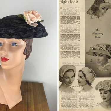 Always the Right Look - Vintage 1950s Jet Black Raffia Straw Mushroom Wide Brim Hat w/Rose Detail 