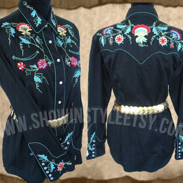 Vintage Retro Women's Cowgirl Western Shirt by Rockmount, Cowgirl Rodeo Blouse, Embroidered Floral Designs, Size XLarge (see meas. photo) 