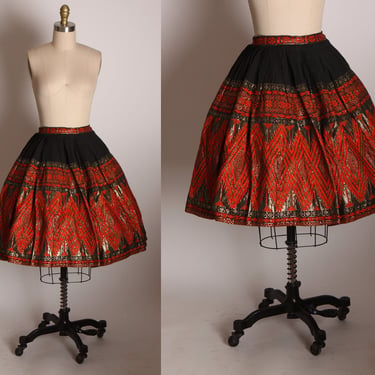 1950s Red, Black and Gold Woven Thick Textile Geometric Pattern Fit and Flare Guatemalan Skirt by Mayan Modern -S 