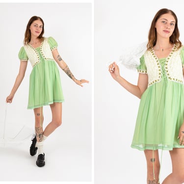 Vintage 1970s 70s Sage Green Silk Chiffon Corset Bodice Mini Dress w/ Floral Trim and Puff Short Sleeves // Princess Dress 