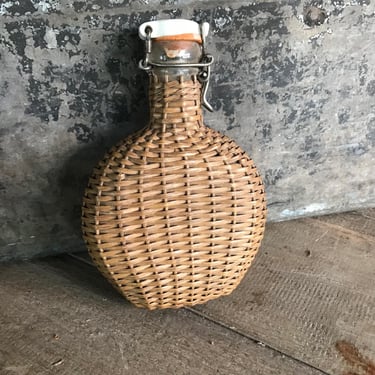 French Wicker Bottle, Tiny Spa Bottle, Hip Flask, Porcelain Top, Pilgrimage, French Farmhouse Decor 