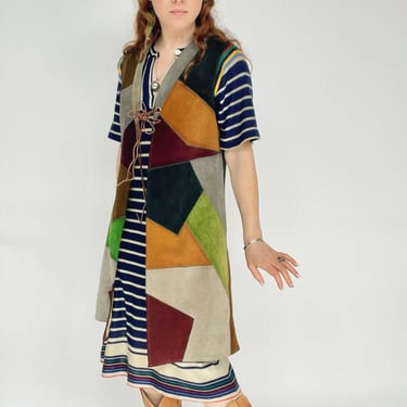 1970s Patchwork Suede Leather Longline Vest S 