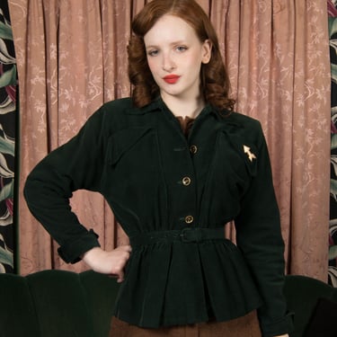 1940s Jacket - Smart Vintage 40s Forest Green Corduroy Sports Jacket with Padded Shoulders and Elastized, Belted Waist 