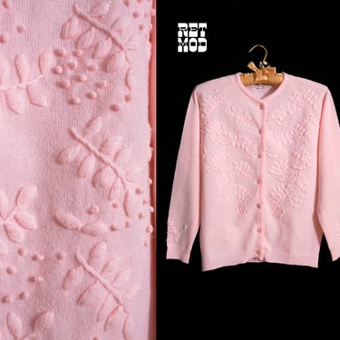 Pretty In Pink Vintage 60s 70 Pastel Pink Acrylic Cardigan with Leaves Pattern 